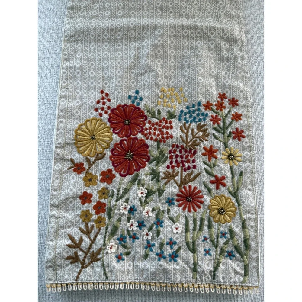 Vintage Pier 1 Floral Beaded Table Runner Dresser Scarf Linen Garden